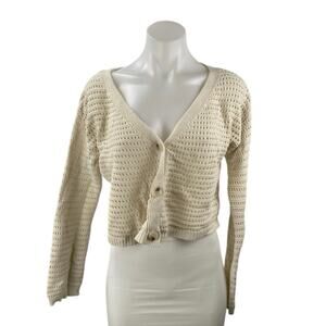 Jessica Simpson Cream Crochet Button Long Sleeve Crop Cardigan Sweater Top Sz XS
